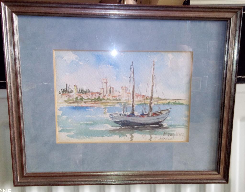 Schitterende zeewaterverf op rijstpapier (Sirmione), Antiek en Kunst, Kunst | Schilderijen | Klassiek, Ophalen of Verzenden
