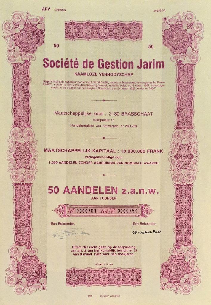 Société de Gestion Jarim - Brasschaat -  50  aandelen -1982, Ophalen of Verzenden, 1970 tot heden, Aandeel
