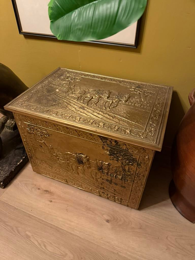 Antieke houten kolenkit met messing, Ophalen, Zo goed als nieuw