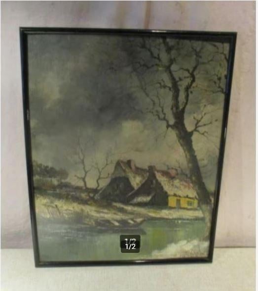 Mooi Geschilderd Werk 'Hoeve en rivier in Winter' - 51x41, Ophalen of Verzenden