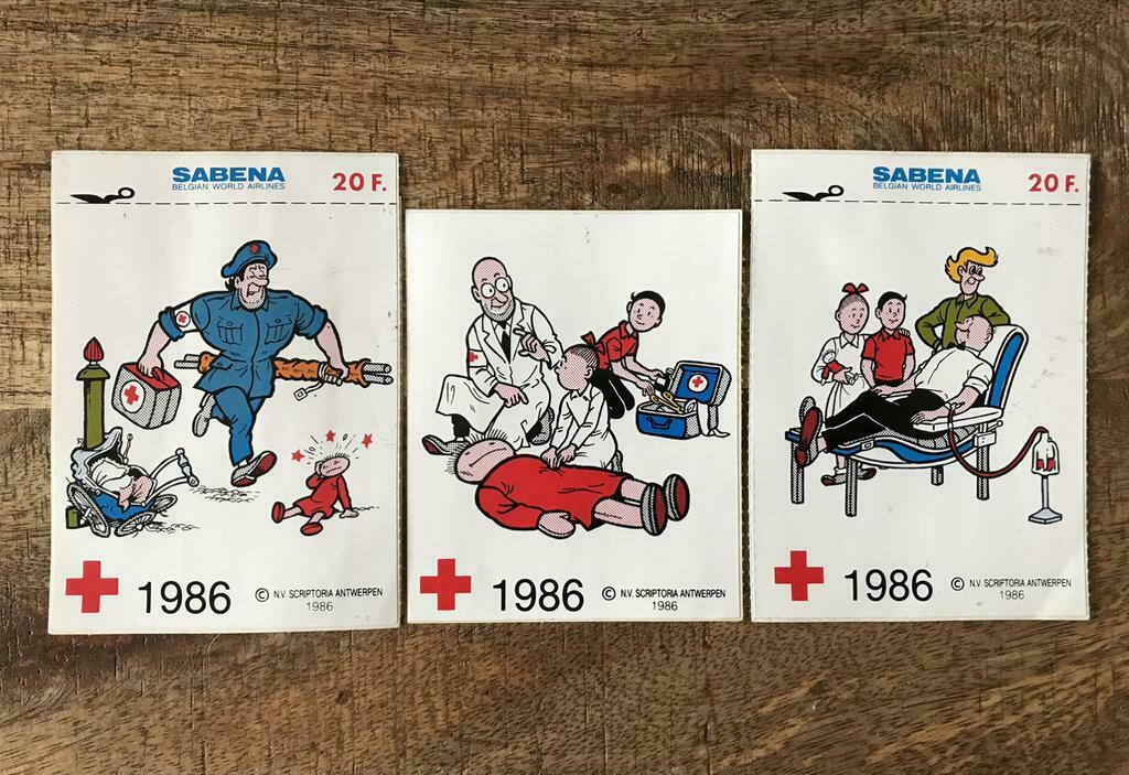 ♦️S&W🗯 3 stickers SABENA Rode Kruis 1986, Enlèvement ou Envoi, Bob et Bobette, Utilisé, Image, Affiche ou Autocollant