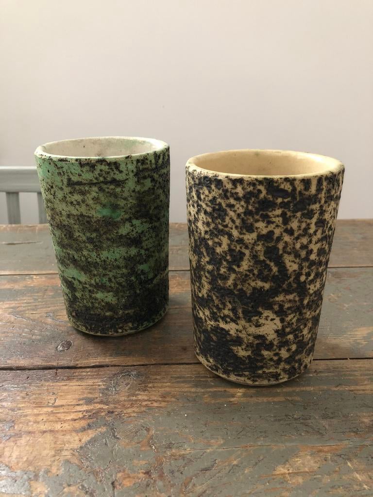 VINTAGE KERAMIEK POT VAAS GROEN BEIGE BERKENBAST 2 STUKS, Ophalen of Verzenden