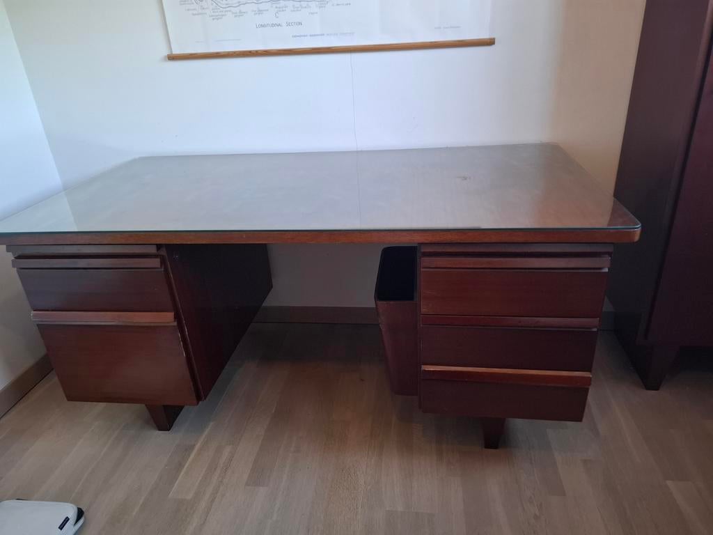 Vintage bureau met vitrinekast en 2 kolomkasten, Ophalen, Gebruikt, Glas, Bruin