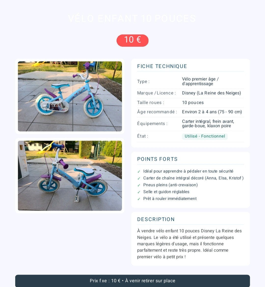 Vélo enfant 10 pouces, Vélos & Vélomoteurs, Enlèvement, Utilisé