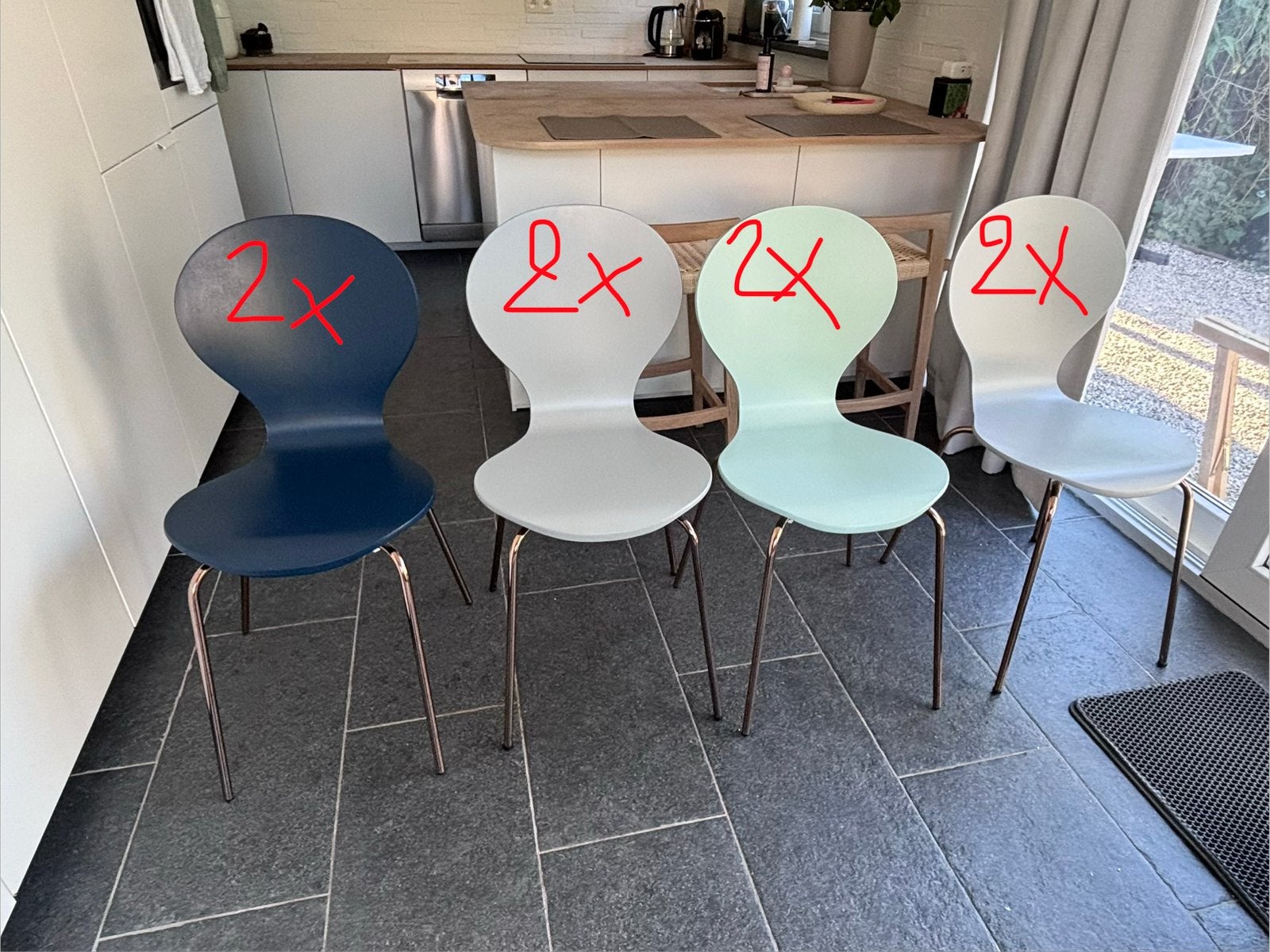 8 design stoelen, Maison & Meubles, Chaises, Utilisé, Bois, Enlèvement
