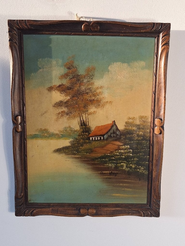 Olieverfschilderij Landschap met huisje en water, Antiek en Kunst, Kunst | Schilderijen | Klassiek, Doek, Realistisch, Ophalen of Verzenden