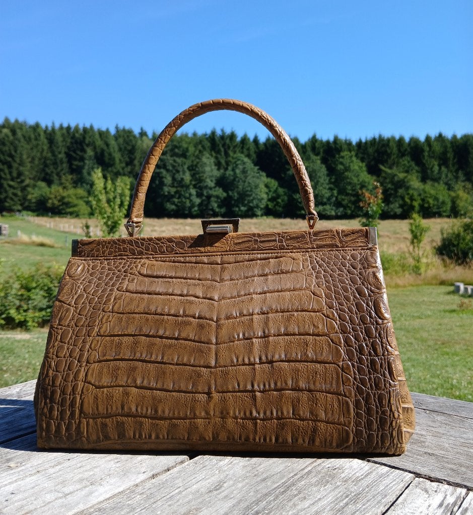 Vintage handtas krokodillen leer, Handtassen en Accessoires, Tassen | Damestassen, Ophalen, Zo goed als nieuw, Bruin, Handtas