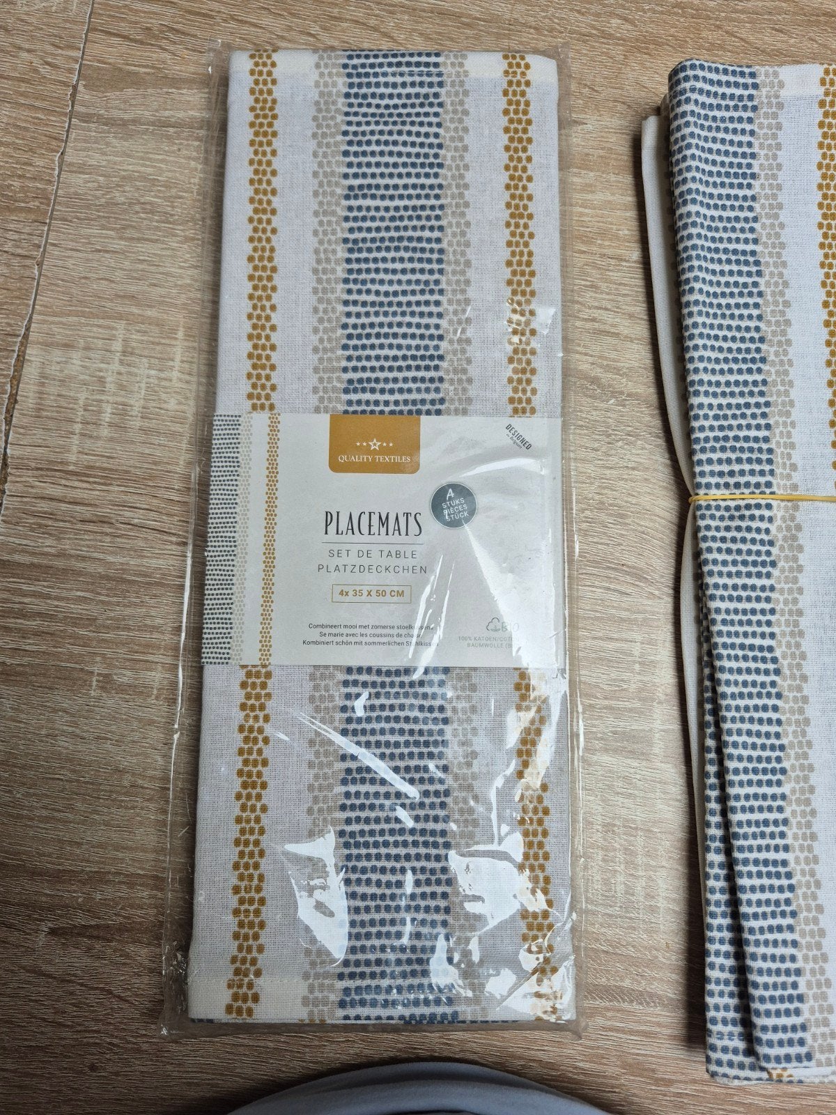Nieuwe set 4 placemats gestreept – Wit/Blauw/Oker – 35x50 cm, Zakelijke goederen, Horeca | Overige, Ophalen