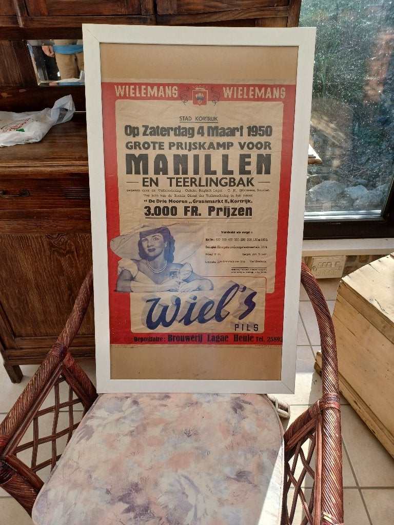 Oude  afiche  1950  WIELS  ingekaderd, Verzamelen, Ophalen, Gebruikt, 1940 tot 1960, Prent