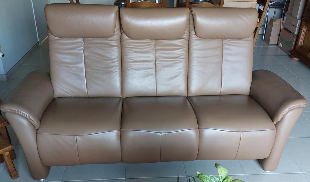 Lederen salon 3 zit + 2 zit met relaxen 600€, Ophalen, Gebruikt, Leer, Rechte bank