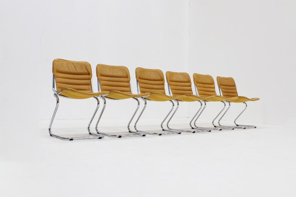 Set van 6 vintage stoelen chrome en leer jaren 70, Italië, Huis en Inrichting, Stoelen, Overige kleuren, Vintage, Ophalen of Verzenden