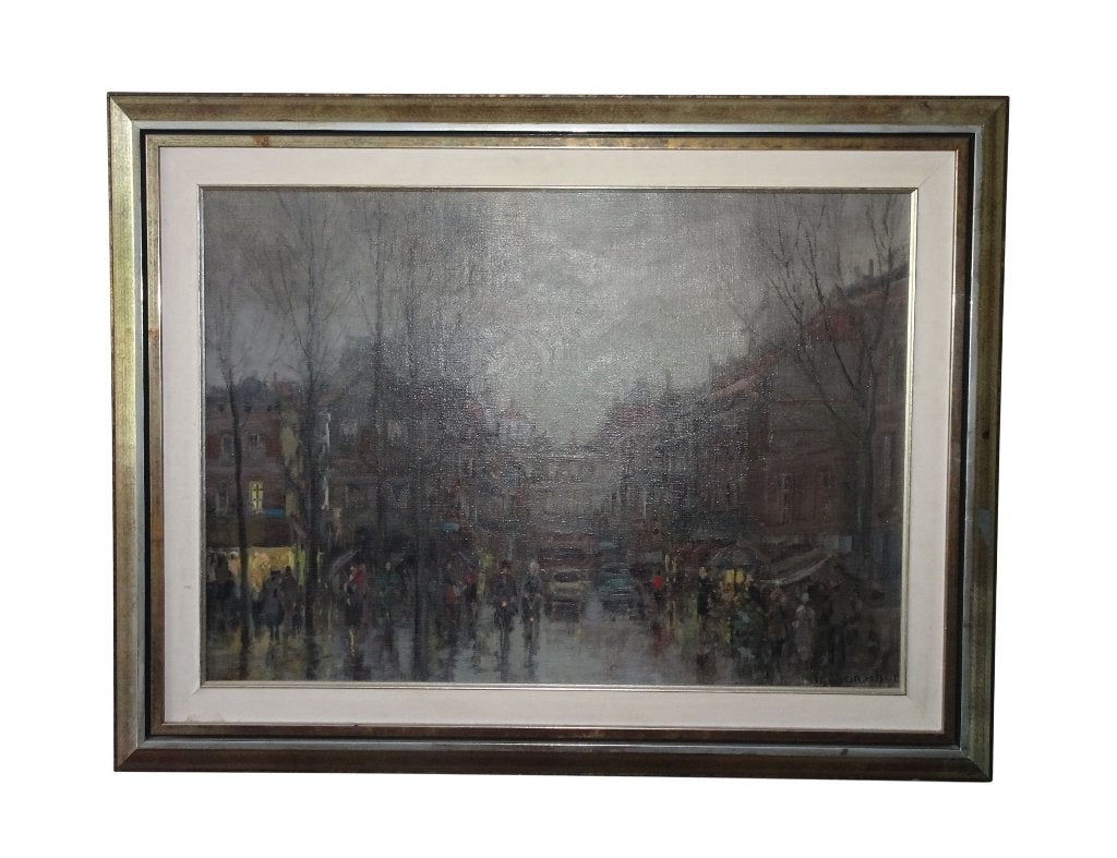 Veilinghuis Oranje - Straatbeeld, Schilderij T. van Oorschot, Ophalen, Doek, Olieverf, Stads- / dorpsgezicht