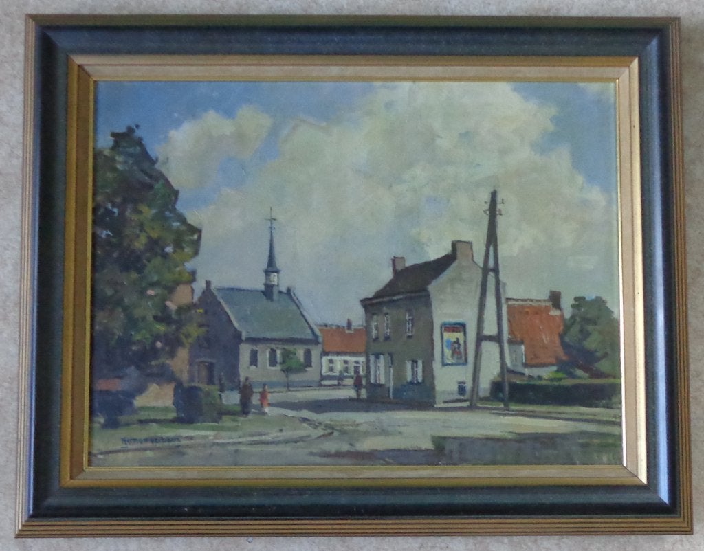 HERMAN VERBAERE / DORPSZICHT / OLIEVERF DOEK / 59x75cm KADER, Antiquités & Art, Enlèvement, Signé, Peinture à l'huile, Toile