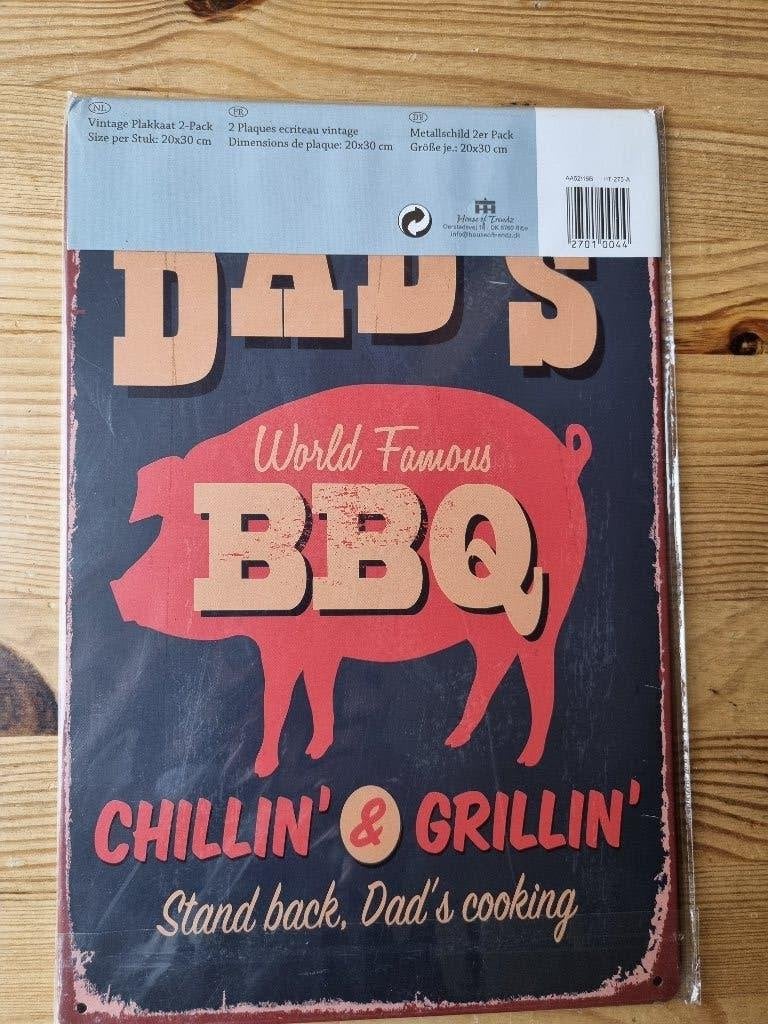 Metalen wandplaten BBQ hot dog, Tekstbord, Metaal, 20 cm, Nieuw