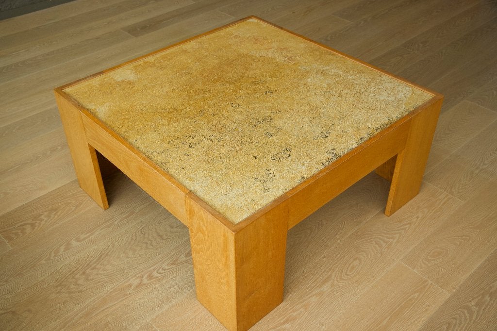 Table basse vintage brutaliste en chêne/pierre naturelle, Chêne, Enlèvement, 50 à 100 cm, 5 – 50