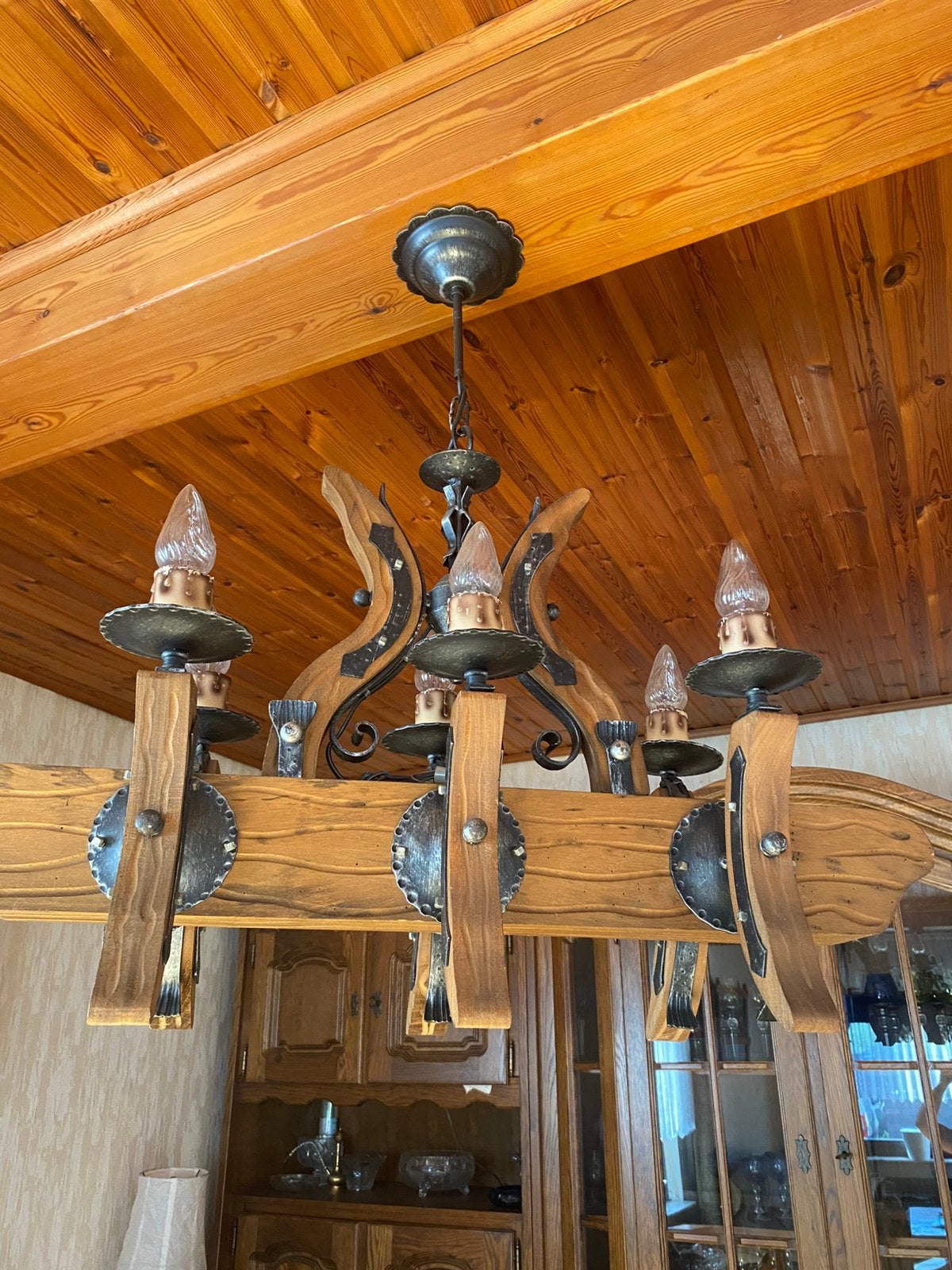 Lustre ancien vintage bois, Enlèvement, Utilisé