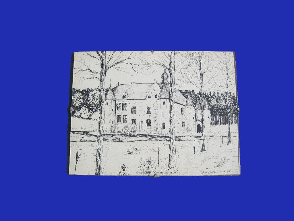 Gesigneerde pentekening uit 1987 kasteel Sterrebos., Enlèvement, Dessin, Dessin à la plume