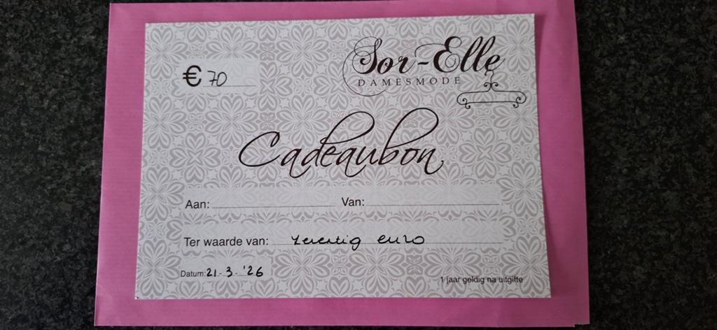 Te Koop Cadeaubon Sor-Elle Damesmode, Tickets en Kaartjes, Cadeaubon