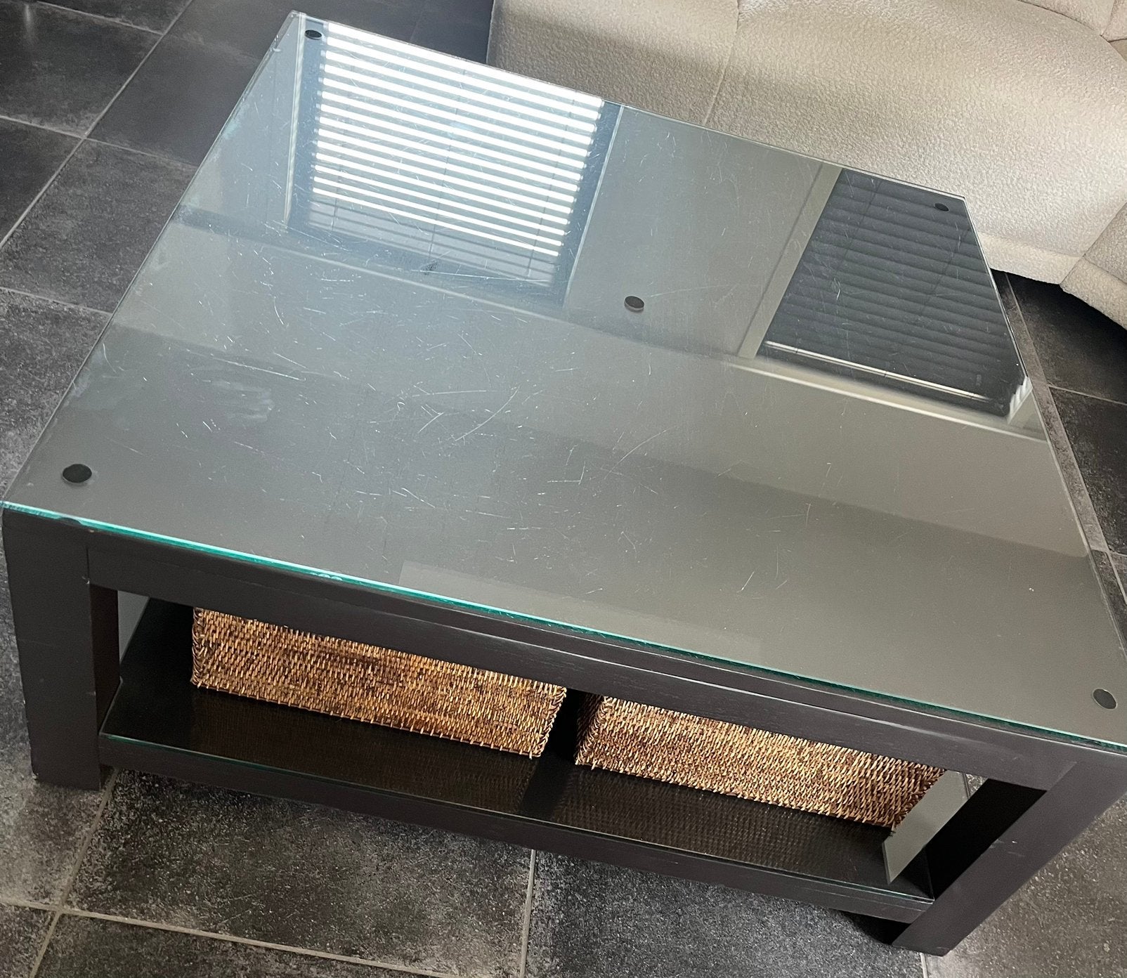 Salon tafel donkerbruin met beschermglas op, Ophalen, Gebruikt