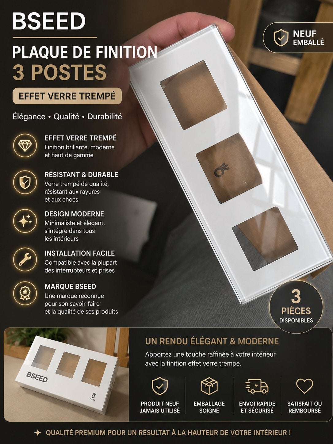 BSEED plaque triple 3 postes en verre trempé blanc – Neuve, Enlèvement, Comme neuf