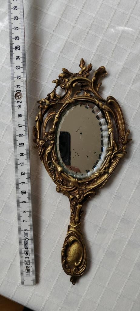 Miroir doré à main ancien en laiton, verre biseauté, Enlèvement