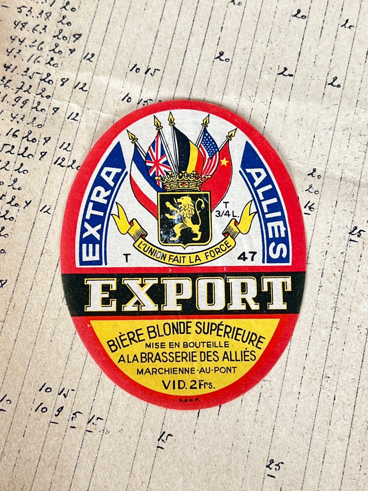 Étiquette Export brasserie des Alliés Marchienne, Collections, Enlèvement ou Envoi, Utilisé