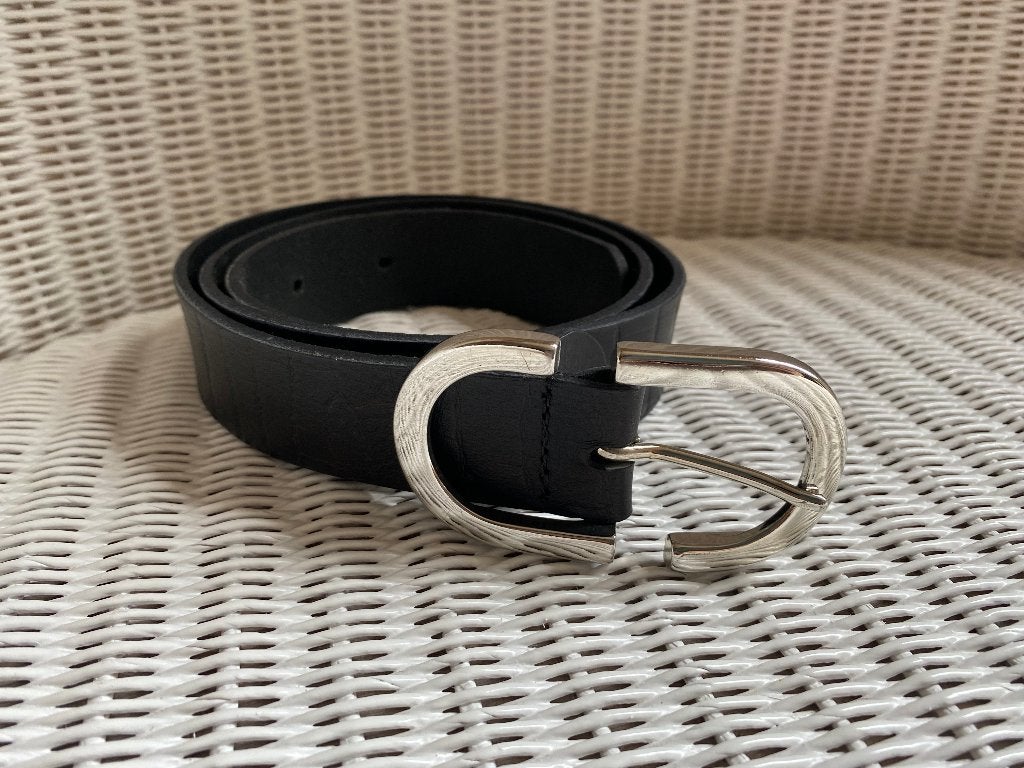 Ceinture noire à imprimé croco SCAPA, boucle argentée - 80, Scapa, Cuir véritable, Enlèvement ou Envoi, Comme neuf
