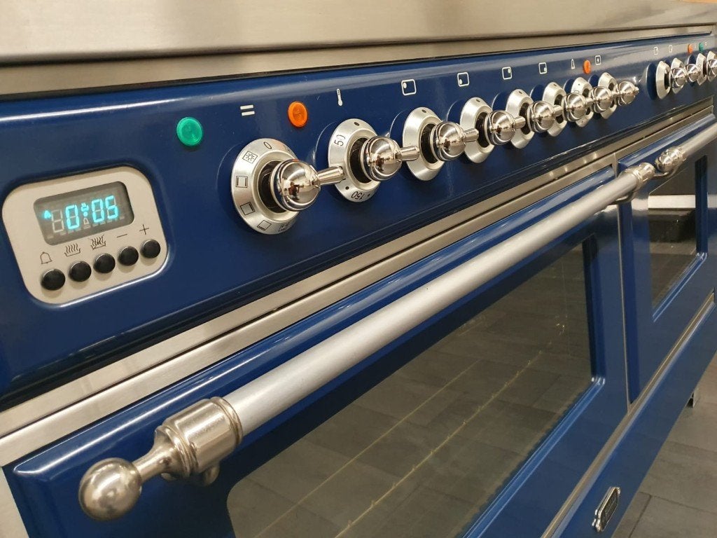 Luxe Boretti Majestic 150cm Fornuis konings blauw + afuigkap, Gaz, Classe énergétique A ou plus économe, Comme neuf, Enlèvement