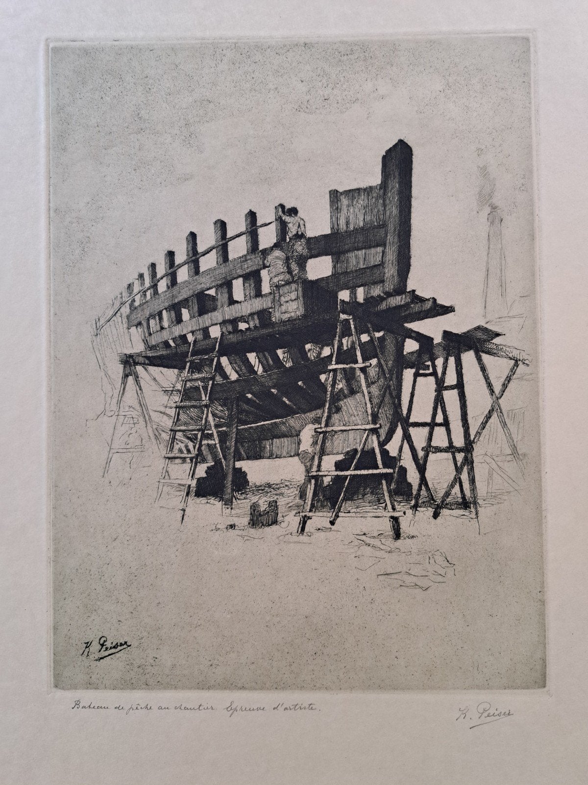 PEISER Kurt "Bateau de pêche au chantier" ets (épr. d´art), Enlèvement ou Envoi, Eau-forte