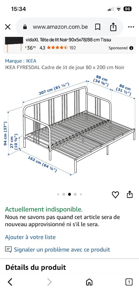 IKEA FYRESDAL Cadre de lit de jour 80 x 200 cm Noir, Comme neuf, Deux personnes, Noir, Enlèvement