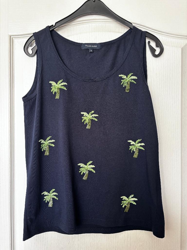 Terre Bleue donkerblauw topje met palmbomen 1 x gedr M 38, Sans manches, Taille 38/40 (M), Enlèvement ou Envoi, Terre Bleue