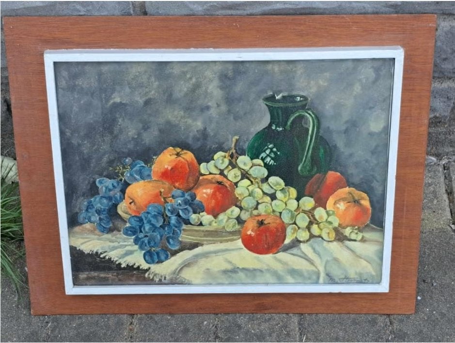 huile sur papier nature morte signe hannat, Antiquités & Art, Enlèvement ou Envoi, Nature morte, Papier
