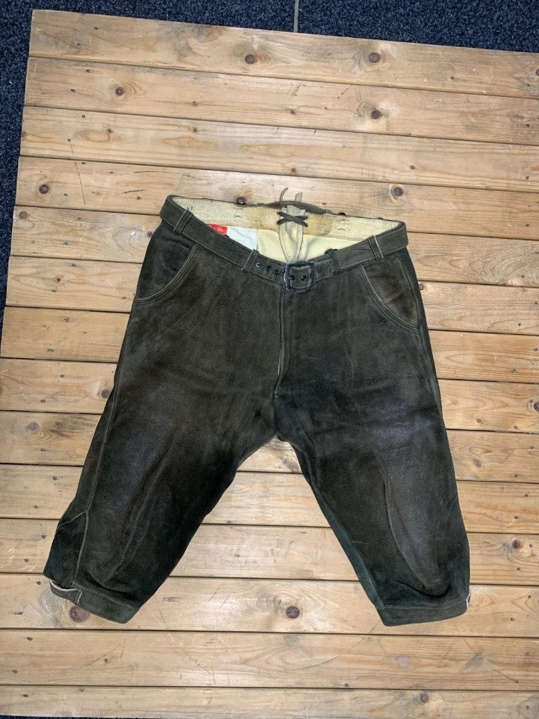 Stoere olijfgroene lederen lederhose, Kleding | Heren, Maat 52/54 (L), Zo goed als nieuw, Groen, Beckert Modell