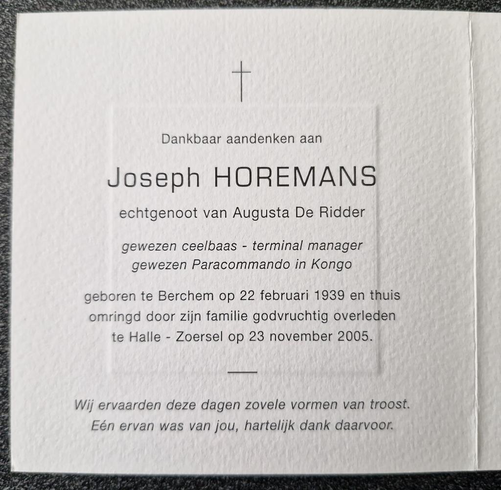 Horemans Joseph Gewezen Paracommando in Kongo, Enlèvement ou Envoi