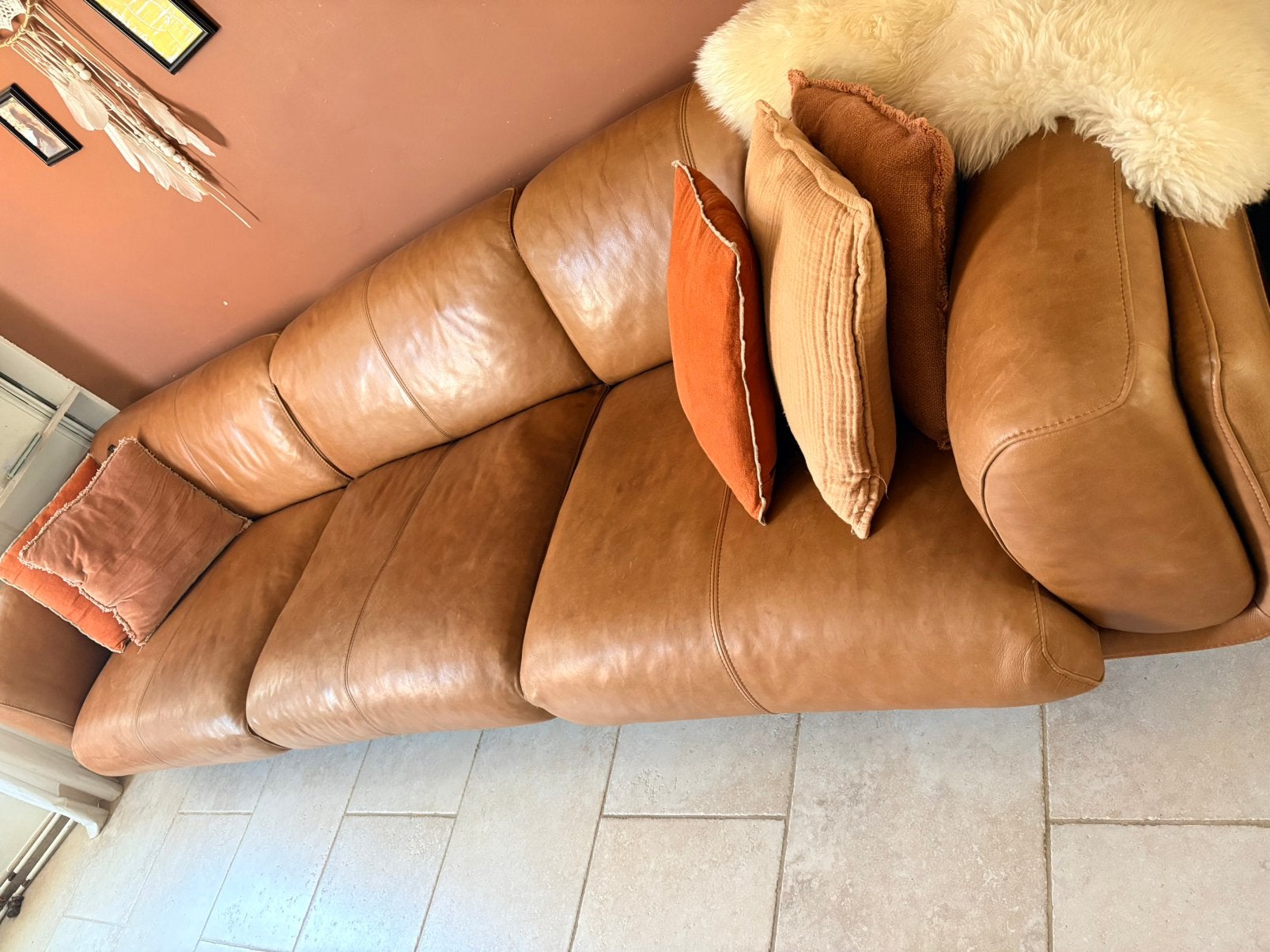 Grote cognac lederen zetel 4-zit - 3,20m - Domicil, Ophalen, Zo goed als nieuw
