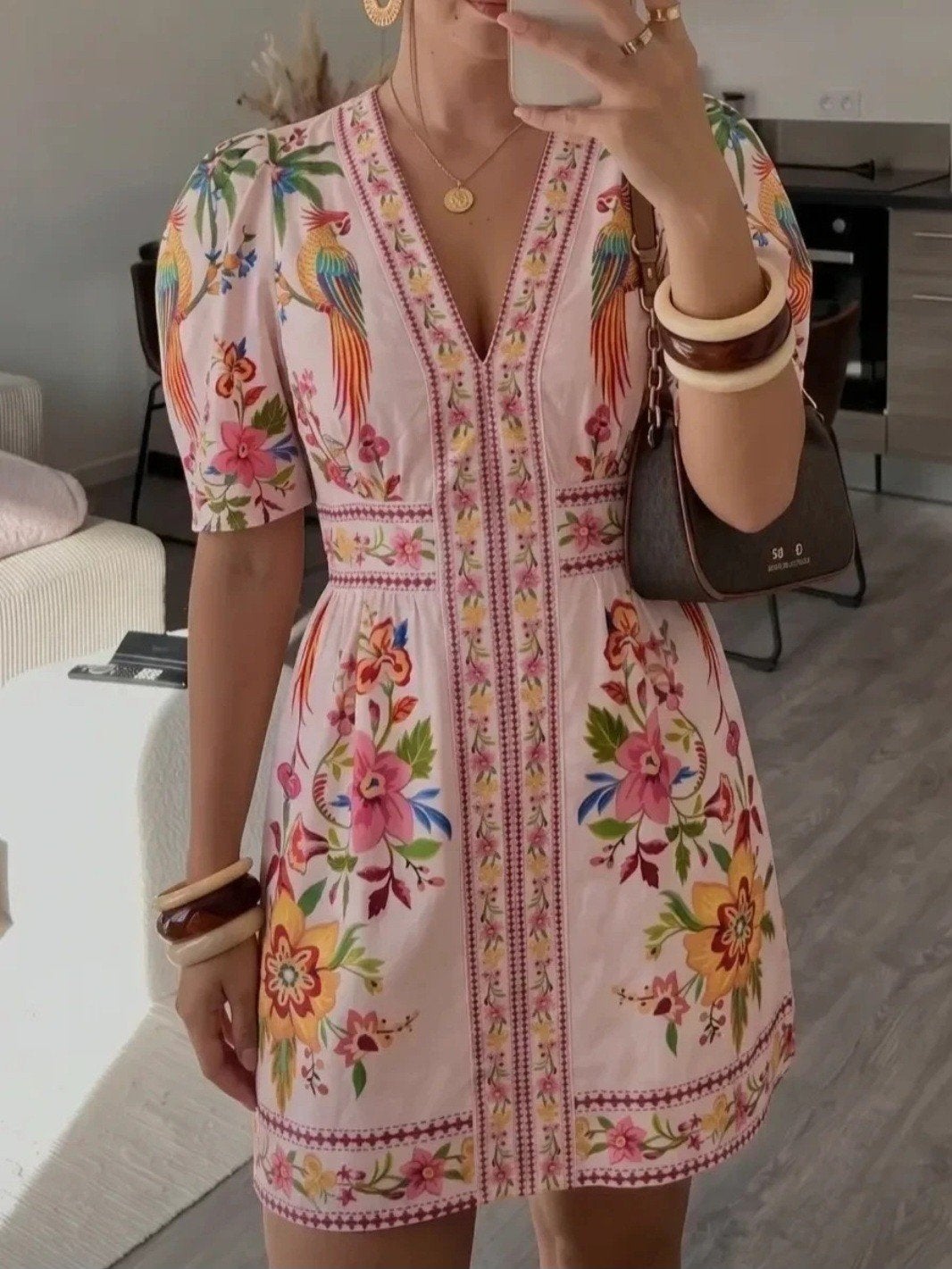Boho bloemenjurk met V-hals | Nieuw | Maat M (EU 38), Kleding | Dames, Gelegenheidskleding, Maat 38/40 (M), Overige typen, Overige kleuren