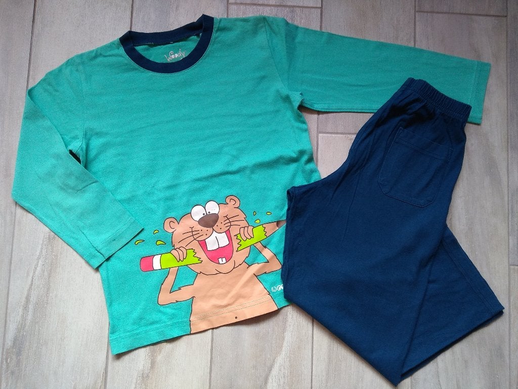 ★ M116 - Woody pyjama thema bever, Kinderen en Baby's, Kinderkleding | Maat 116, Ophalen of Verzenden, Woody, Jongen, Nacht- of Onderkleding