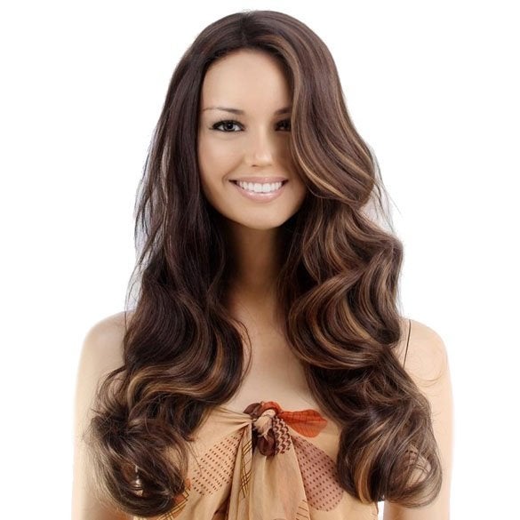 Luxe pruik lang krullend haar in bruinmix zonder pony Montan, Ophalen of Verzenden, Nieuw