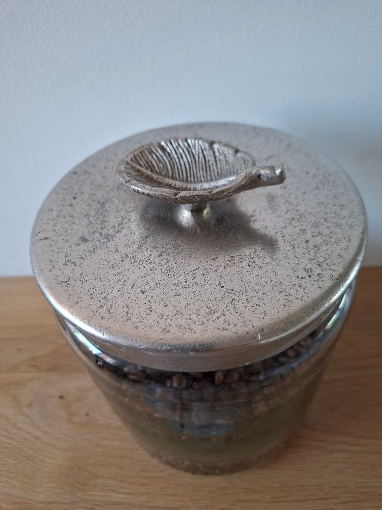 Rivièra Maison voorraadpot Feather, glas, aluminium deksel, Glas, Zilver, Ophalen of Verzenden, Zo goed als nieuw