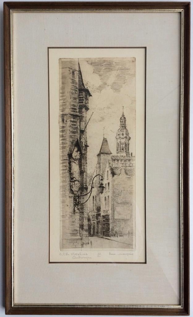 Romain Malfliet ets O. L. Vr. Vleeshuis Antwerpen 57/150, Antiek en Kunst, 49 cm, Architectuur, 29 cm, Met tekst