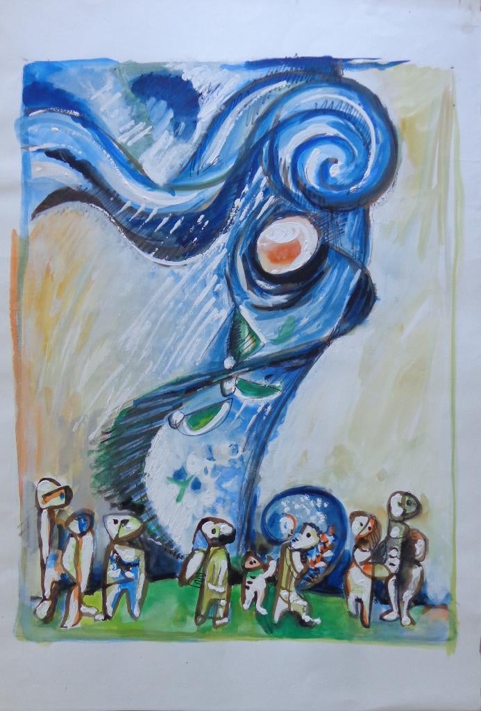 JOEL KASS / FAMILIE / ORIGINEEL WERK / 75x51cm, Antiquités & Art, Art | Dessins & Photographie, Enlèvement ou Envoi, Aquarelle