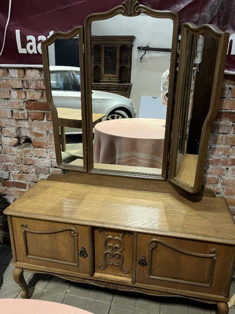 Franse vintage kaptafel/vanity met drievoudige spiegel, Huis en Inrichting, Ophalen, Gebruikt