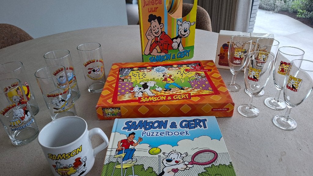 Samson en Gert. Glazen, puzzels, brooddoos. Vanaf 3€, Verzamelen, Ophalen of Verzenden, Zo goed als nieuw, Gebruiksvoorwerp