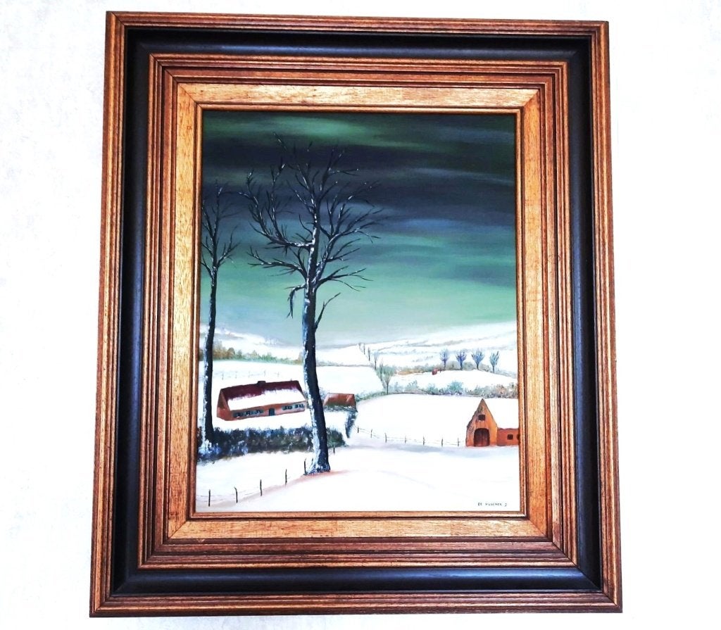 Gesigneerd olieverf schilderij op doek van Sneeuwlandschap, Antiek en Kunst, Kunst | Schilderijen | Klassiek, Ophalen of Verzenden