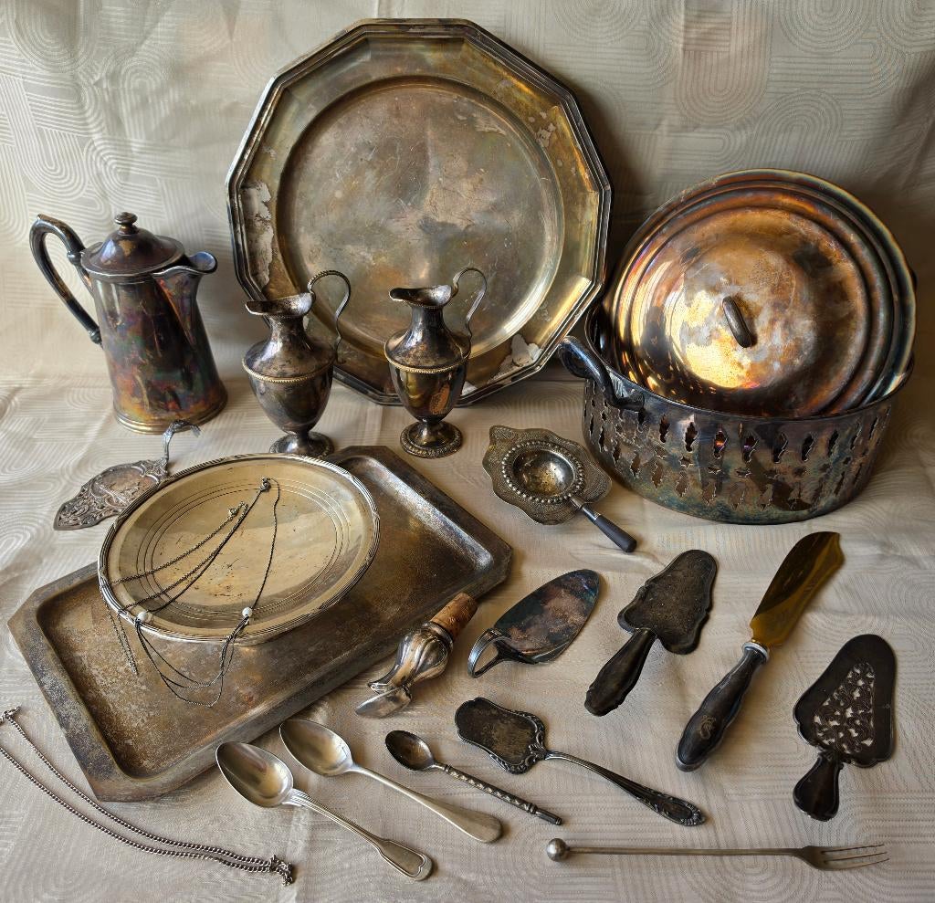 Lot Verzilverde Plateaus Koffiekan Bestek Wiskemann enz..., Antiek en Kunst, Ophalen of Verzenden