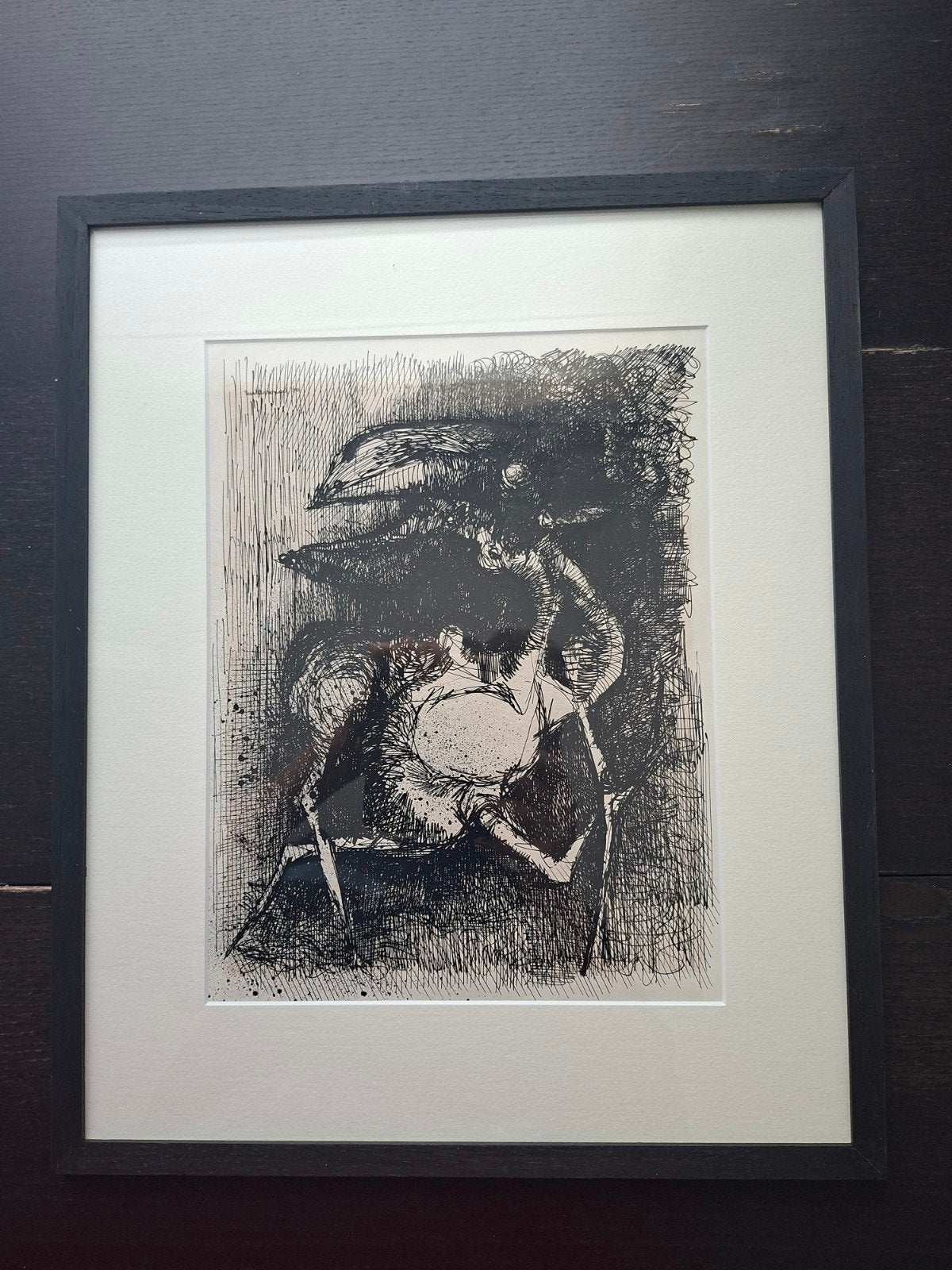 Roger Wittevrongel - composition abstraite avec oiseau -1960, Enlèvement ou Envoi, Dessin, Dessin à la plume, Encadré