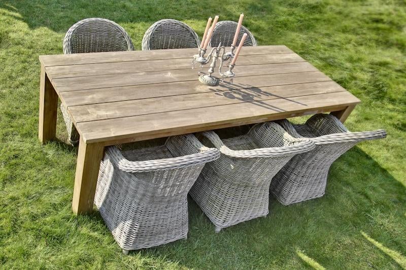 Tafel in recyclage teak en 6 rieten stoelen, Hardhout, Nieuw, Ophalen of Verzenden, 8 zitplaatsen