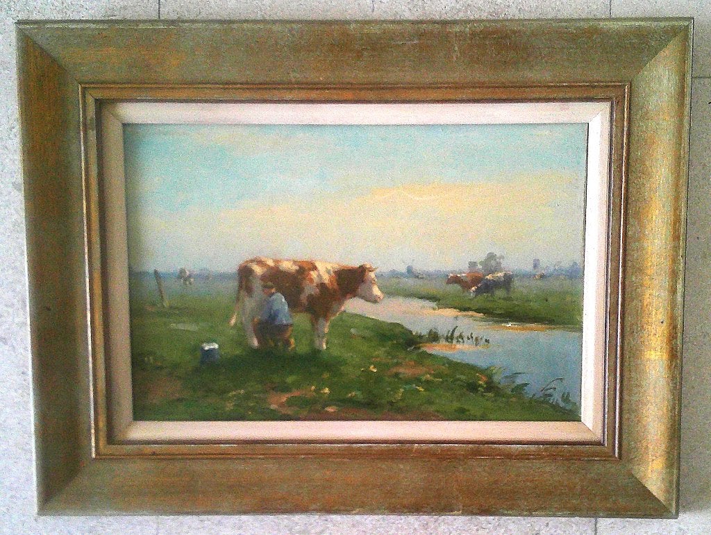 Boer melkt koe - voor 1900 ? - Xavier de Cock 1818-1896 ?, Antiek en Kunst, Kunst | Schilderijen | Klassiek, Ophalen of Verzenden