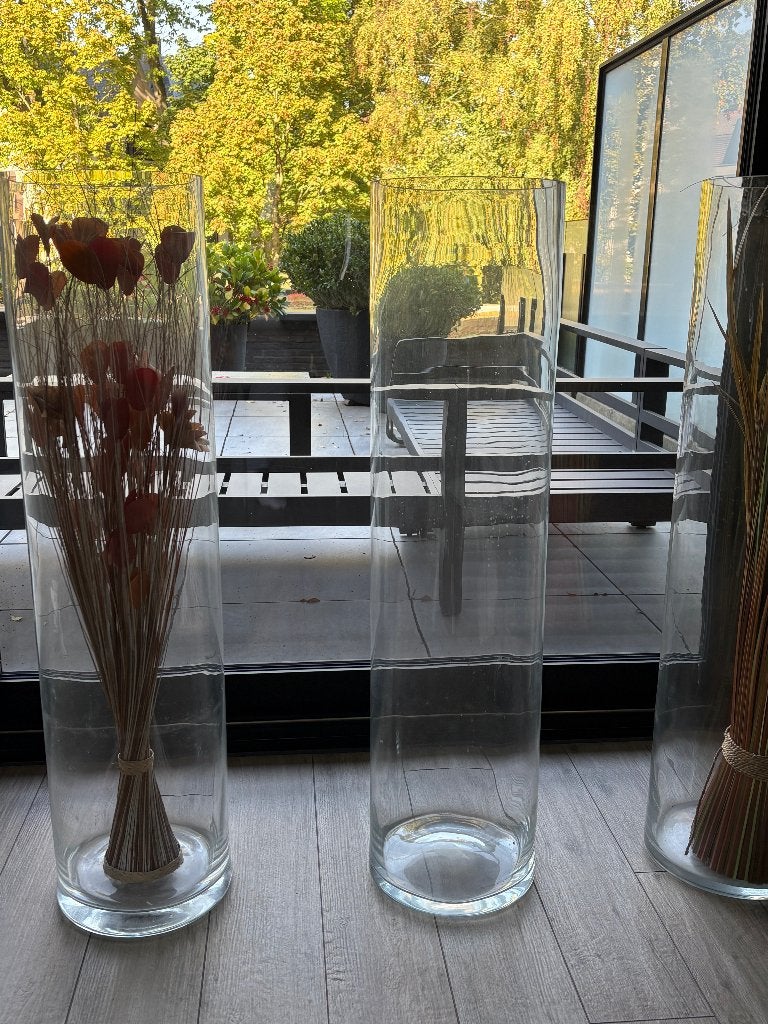 Hoge glazen vazen, Huis en Inrichting, Ophalen, Inclusief droogbloemen, 99 cm, Transparant