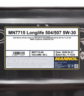 5W30 Huile Moteur Longlife 504/507 MANNOL 60L, Autos : Divers, Produits d'entretien, Enlèvement